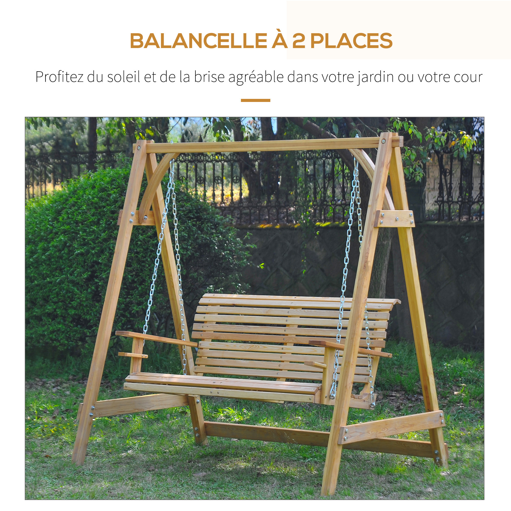 Balancelle de jardin 2 places dim. 1,8L x 1,2l x 1,85H m accoudoirs supports verres bois de mélèze pré-huilé