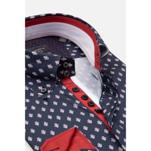 Camicia Uomo 2 Bottoni Button Down Slim Popeline Stretch Stampato Blu\Rosso