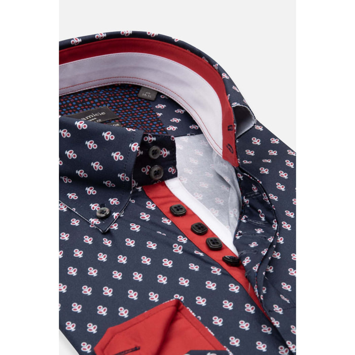 Camicia Uomo 2 Bottoni Button Down Slim Popeline Stretch Stampato Blu\Rosso