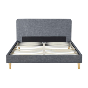 Lit Evy 160x200cm tissu gris pieds bois