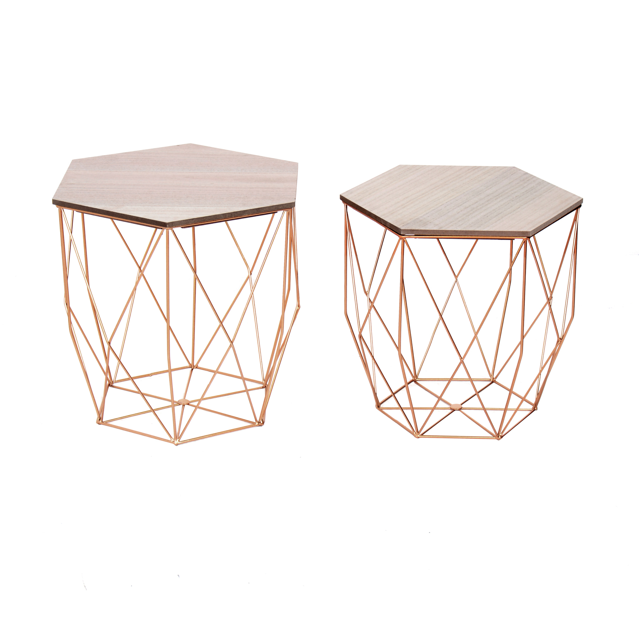 Set, Tavolini due misure, Hexagon, struttura Rosè, piano esagonale in legno rovere,SMALL: H39*P35*L40,5, BIG:H41,5*P39*L45