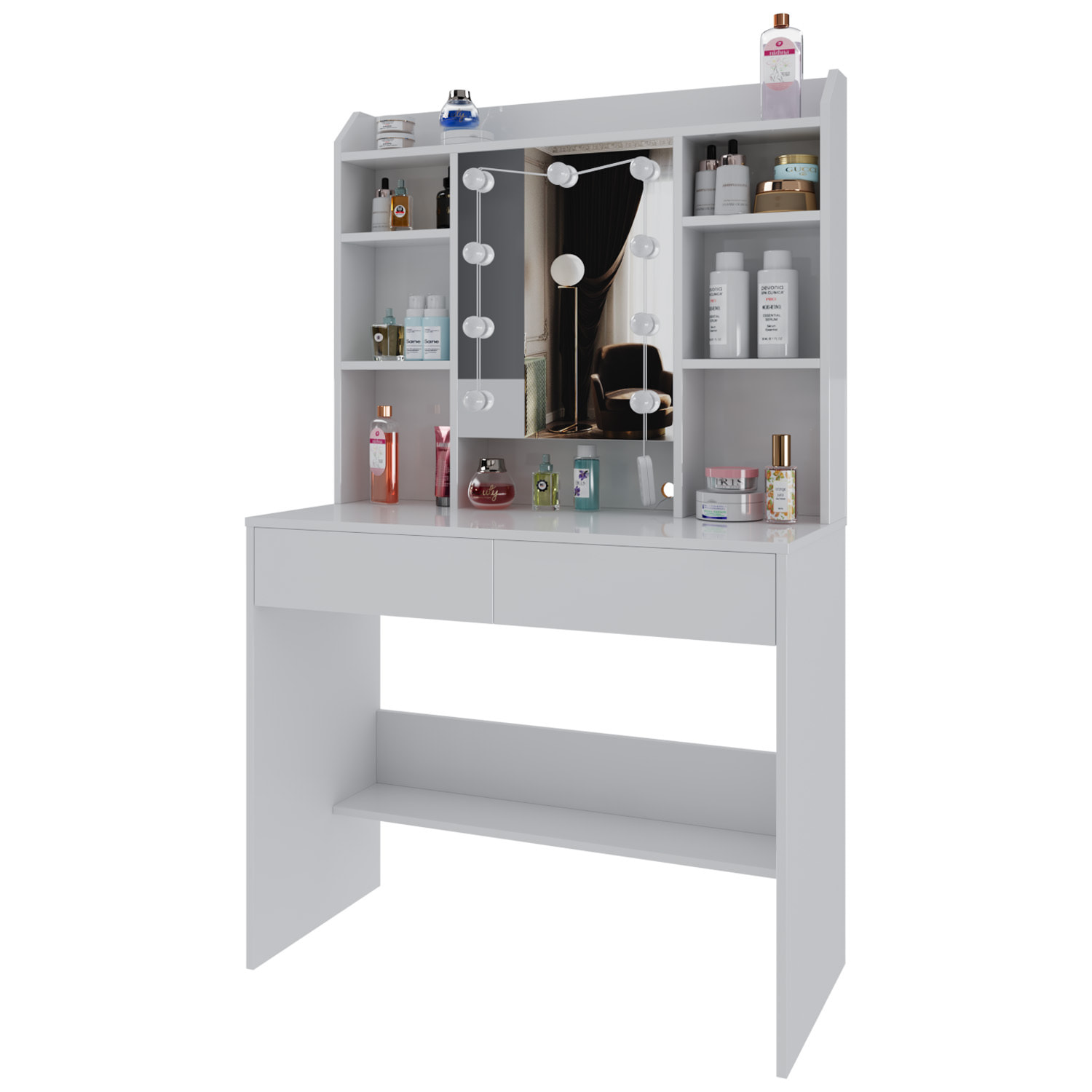 Toeletta Tavolino Trucco Tavolo Con 9 Luci LED Luminosità E Tonalità Regolabili Specchio 2 Cassetti 7 Vani A Giorno Mensole 40 x 90 x 144.7 Cm Bianco