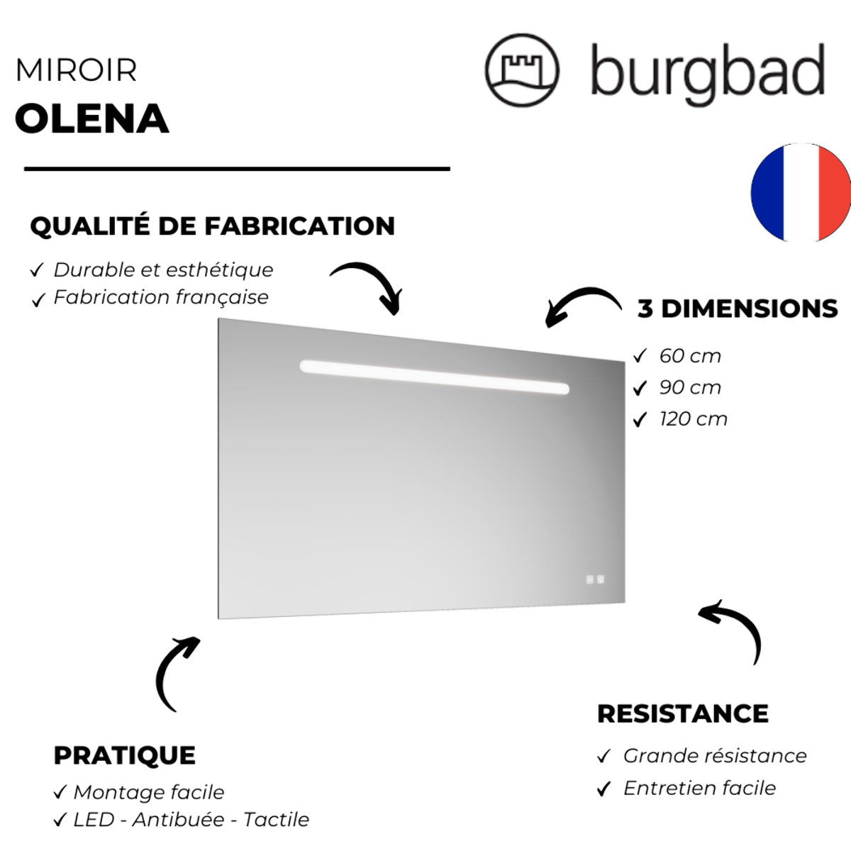 Miroir LED 120 cm BURGBAD Olena tactile et antibuée