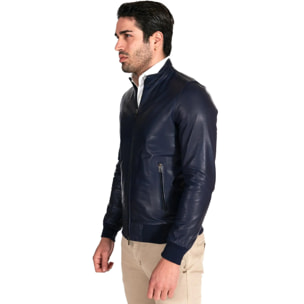 Giubbotto Bomber in pelle blu nappa effetto liscio