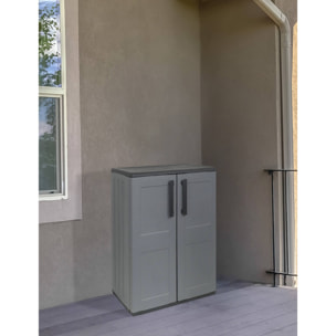Armadio da esterno Arisa, Mobile balcone multiuso, Armadietto outdoor a 2 ante, 100% Made in Italy, 68x37h84 cm, Finitura quadri, Grigio e Nero