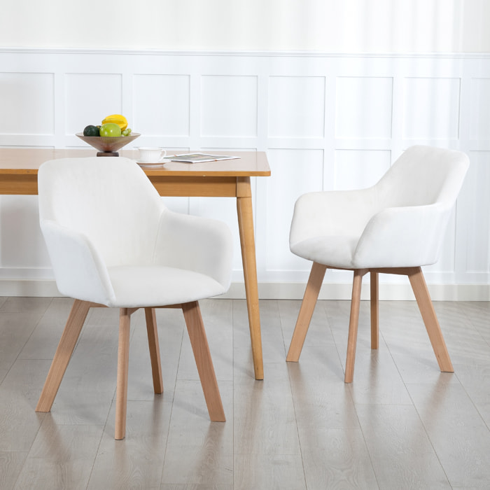Chaises de visiteur design scandinave - lot de 2 chaises - pieds bois hévéa - assise dossier accoudoirs velours crème