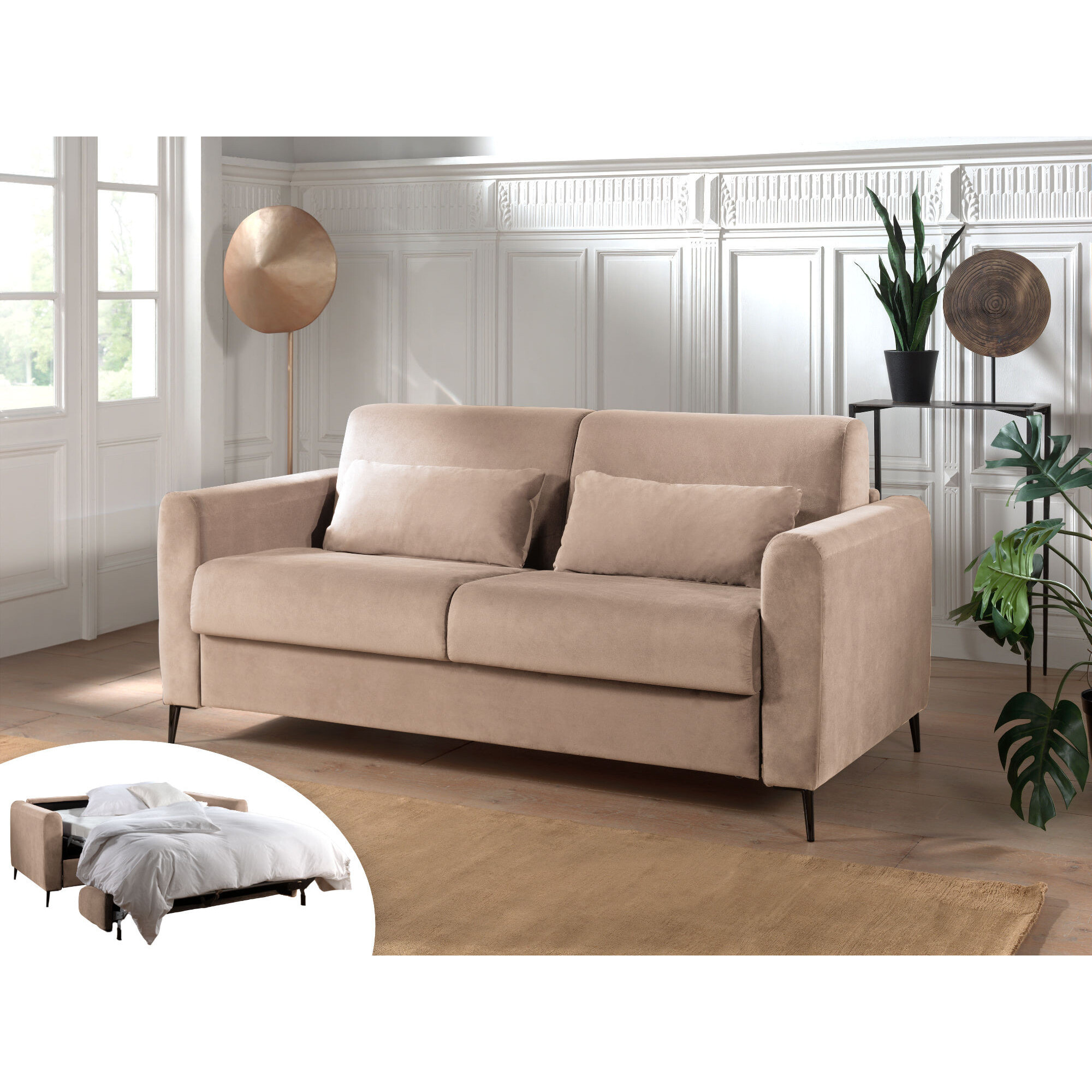 Owen - canapé lit 3 places convertible express couchage quotidien 140 cm matelas 12 cm en velours - Beige