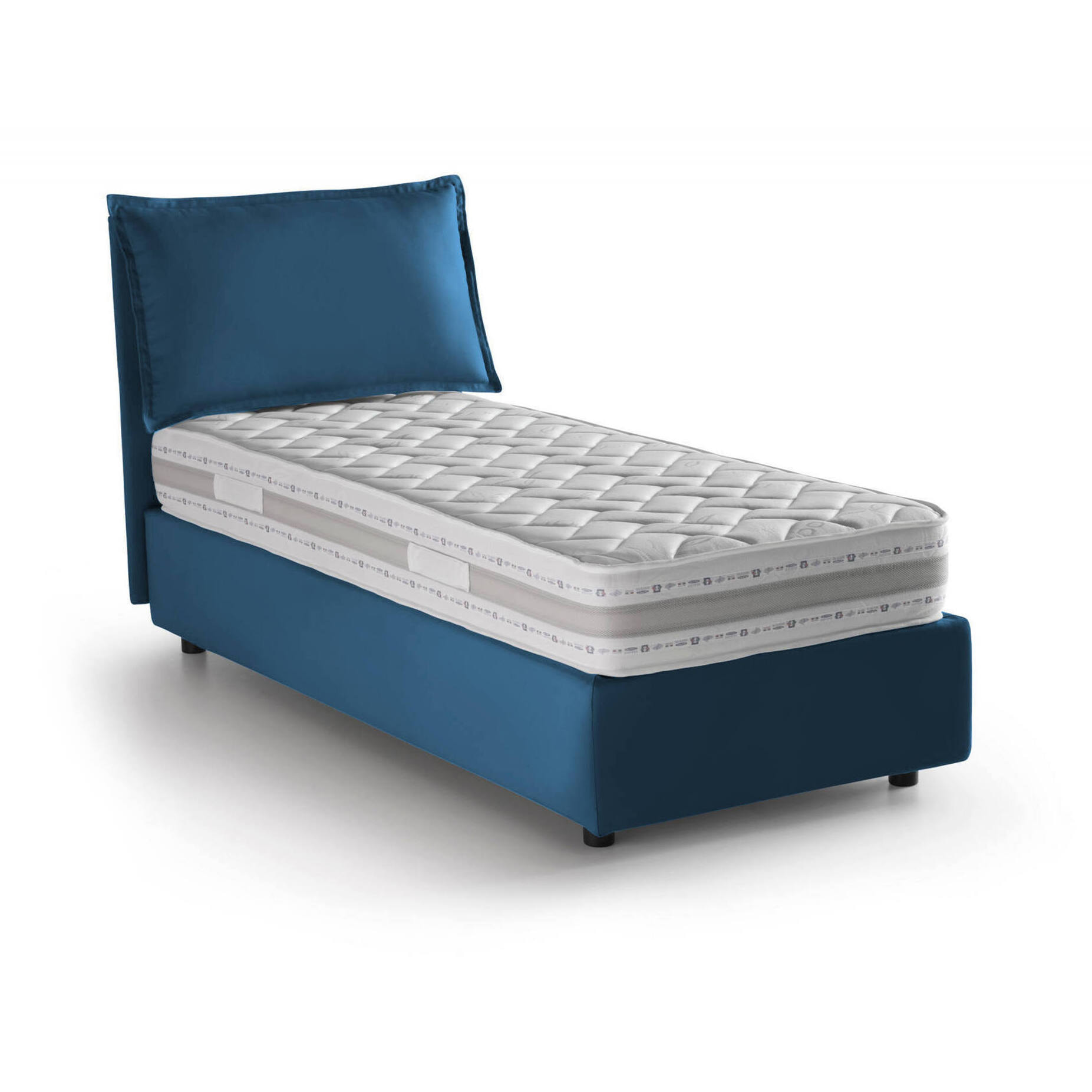 Letto singolo Penelope, Letto contenitore con rivestimento in tessuto, 100% Made in Italy, Apertura frontale, con materasso Cm 90x190 incluso, Blu