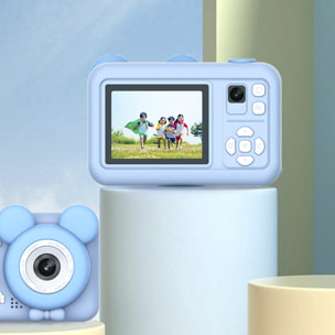 DAM Cámara digital, diseño Oso, de fotos 26mpx y video FHD para niños. Pantalla 2 pulgadas. Incluye trípode con función grip. 8x5x6,2 Cm. Color: Azul