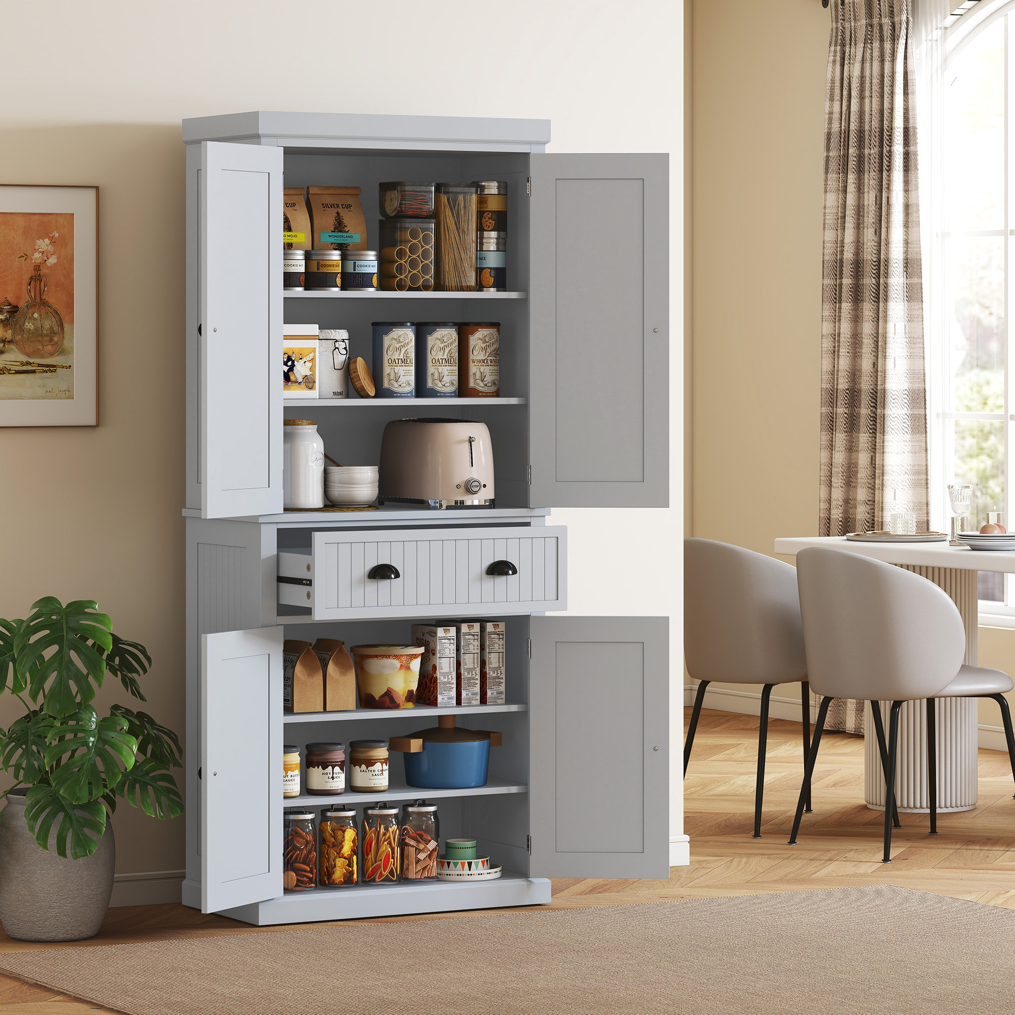 Buffet haut multi-rangement - 4 portes, grand tiroir - dim. 76L x 40l x 183H cm - gris