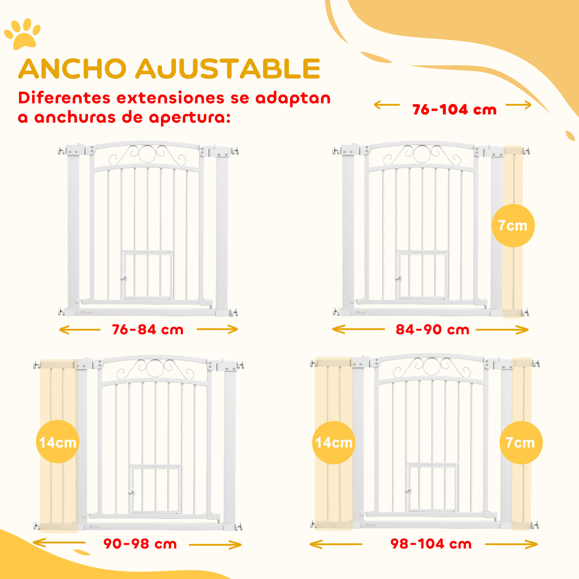 Barrera para Perros Puerta para Perros con Ancho Ajustable 76-104 cm Barrera de Seguridad para Perros con 2 Extensiones Doble Bloqueo y Puerta Pequeña para Escaleras y Puertas Blanco