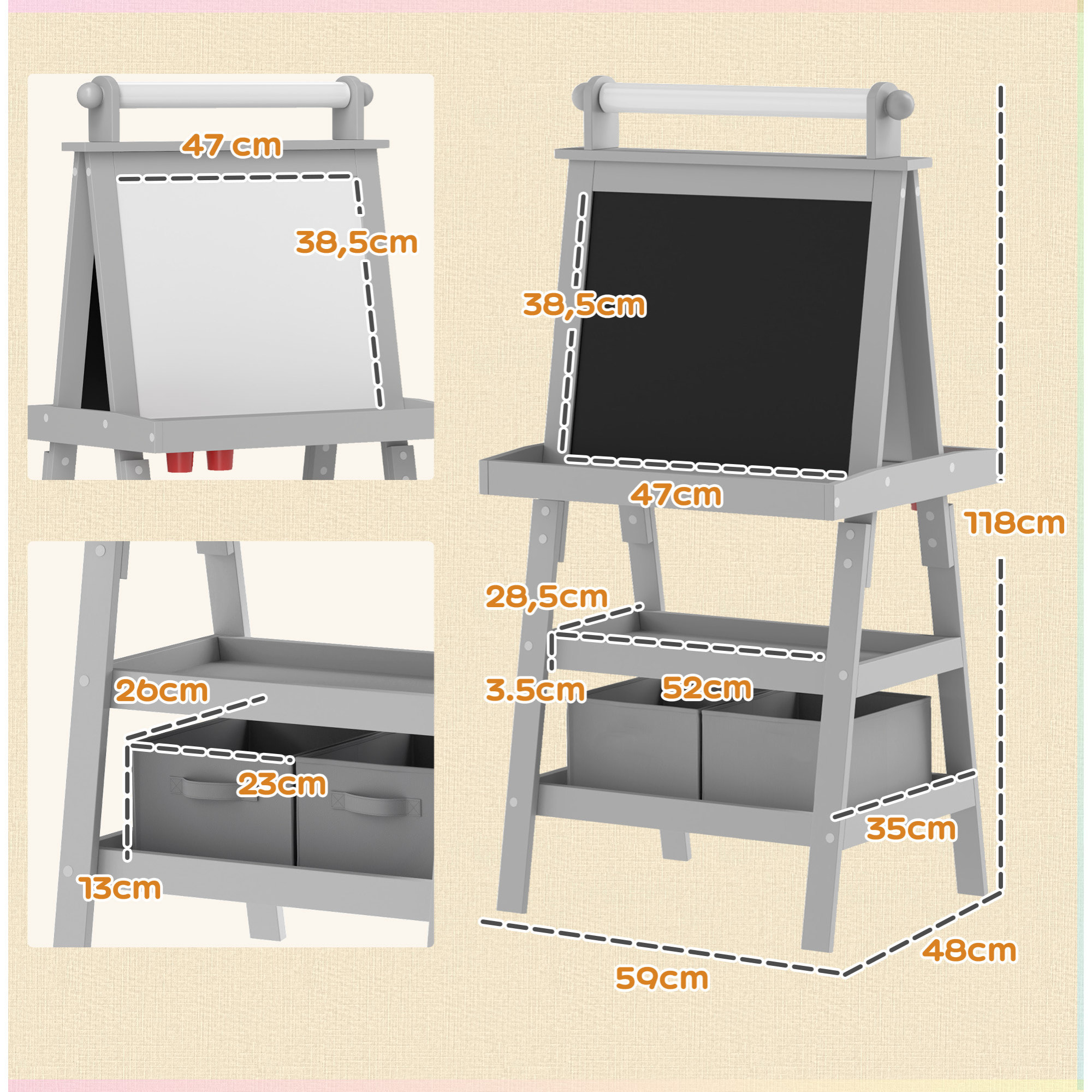 Tableau chevalet enfant 3 en 1 tableau double face enfant avec tableau blanc magnétique tableau à craie - rouleau papier + 2 paniers rangement intégrés - enfant 3-6 ans en bois gris