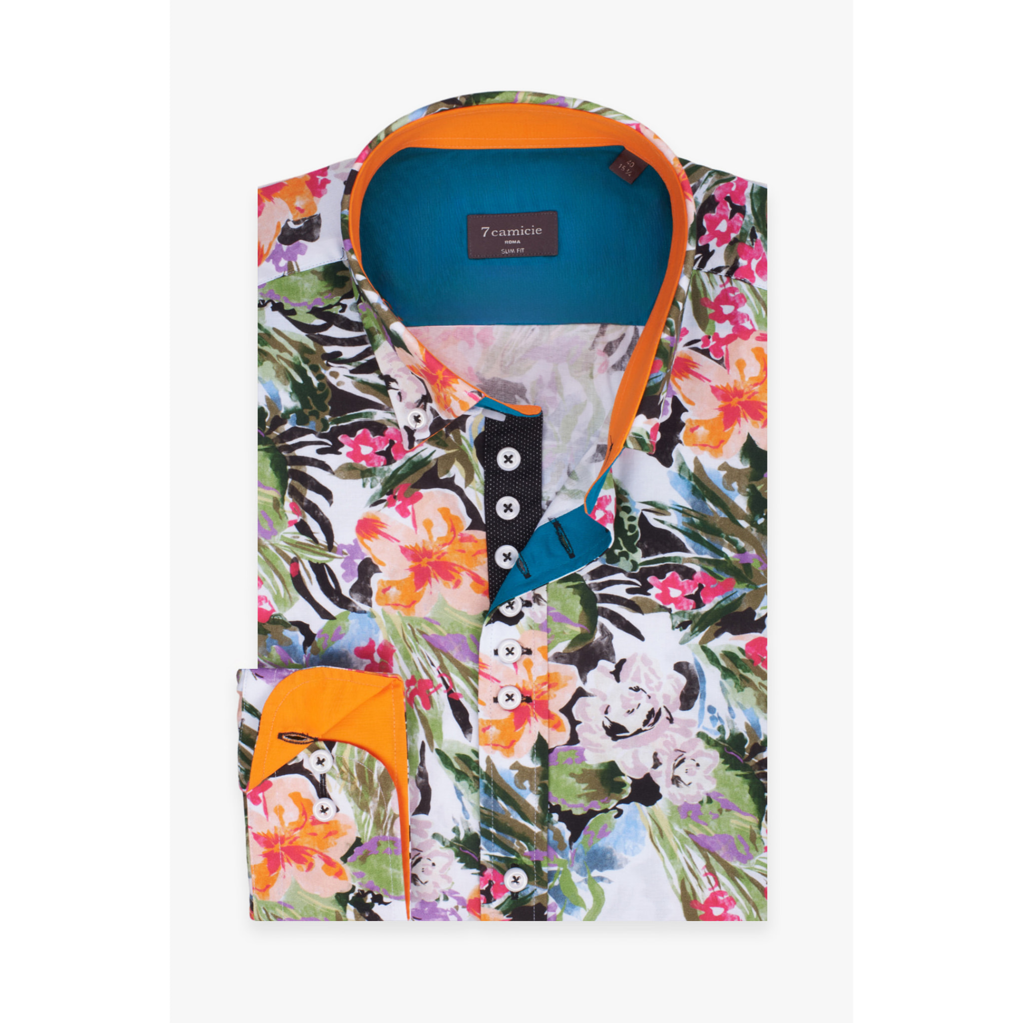 Camicia Uomo 1 Bottoni Button Down Slim Popeline Stampato Verde Foglia Rosa