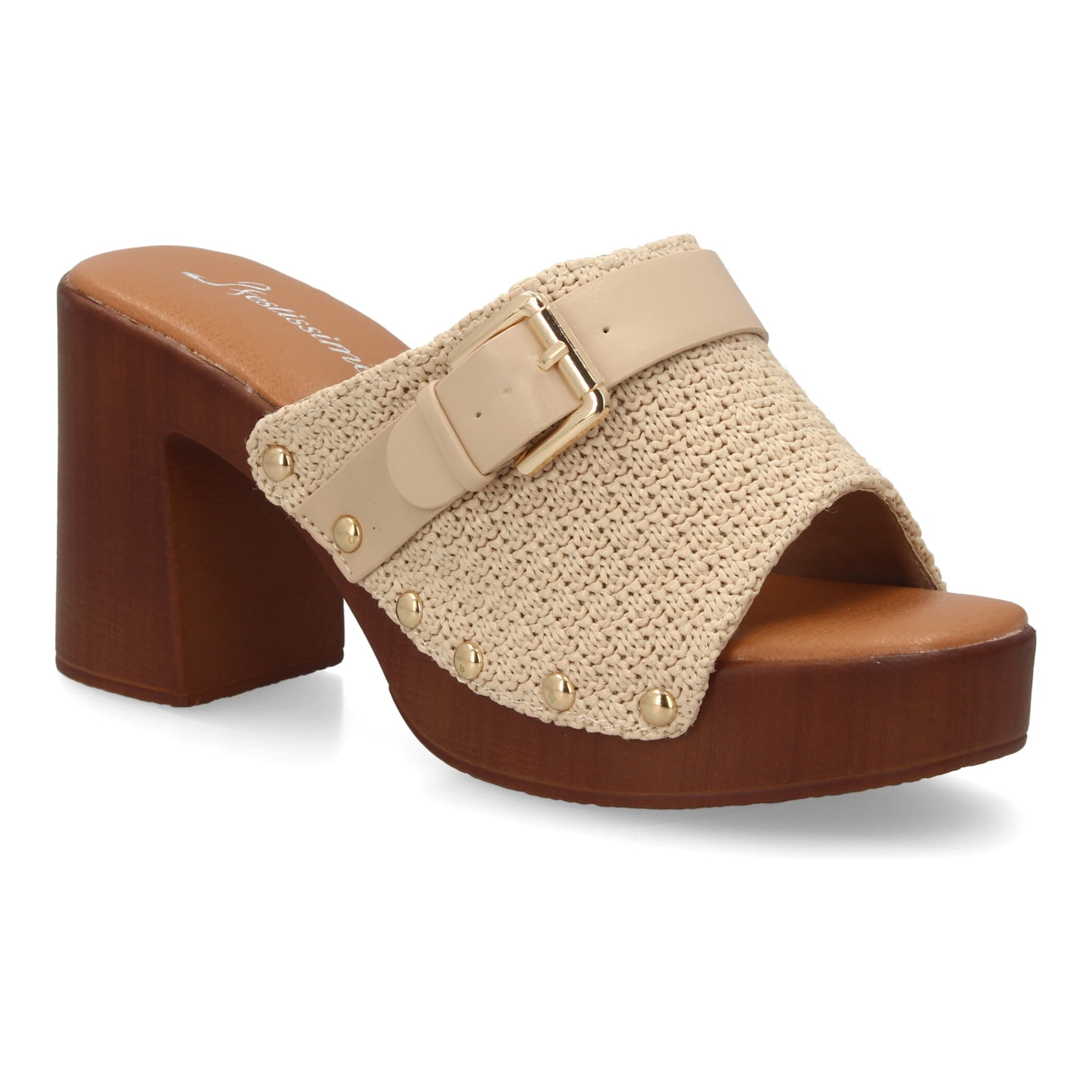 Sandalia mujer tacón madera ancho con hebilla