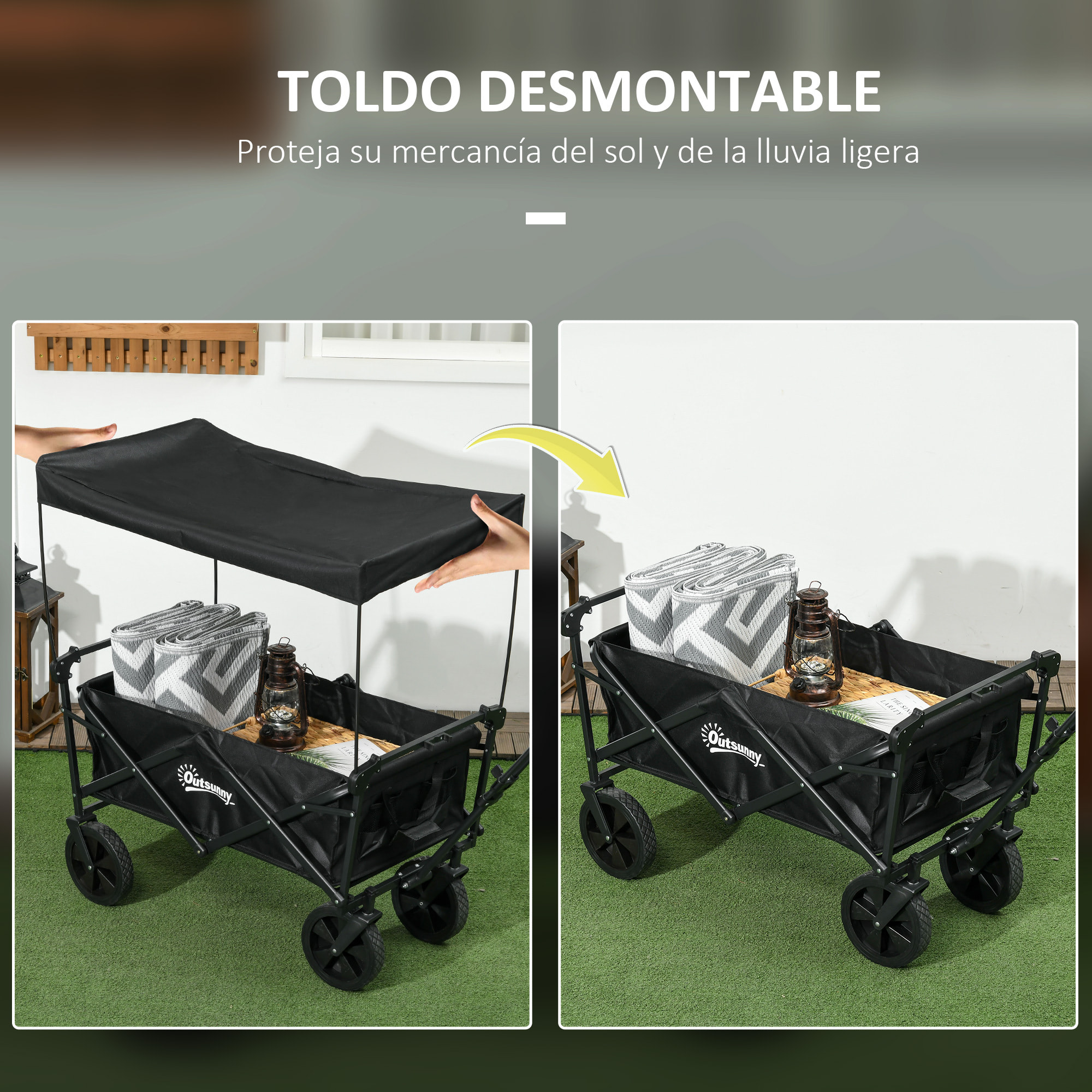 Carro Plegable con Toldo Desmontable Carro de Jardín con Longitud y Ángulo del Mango Ajustables y Bolsa de Transporte Carga 100 kg Negro