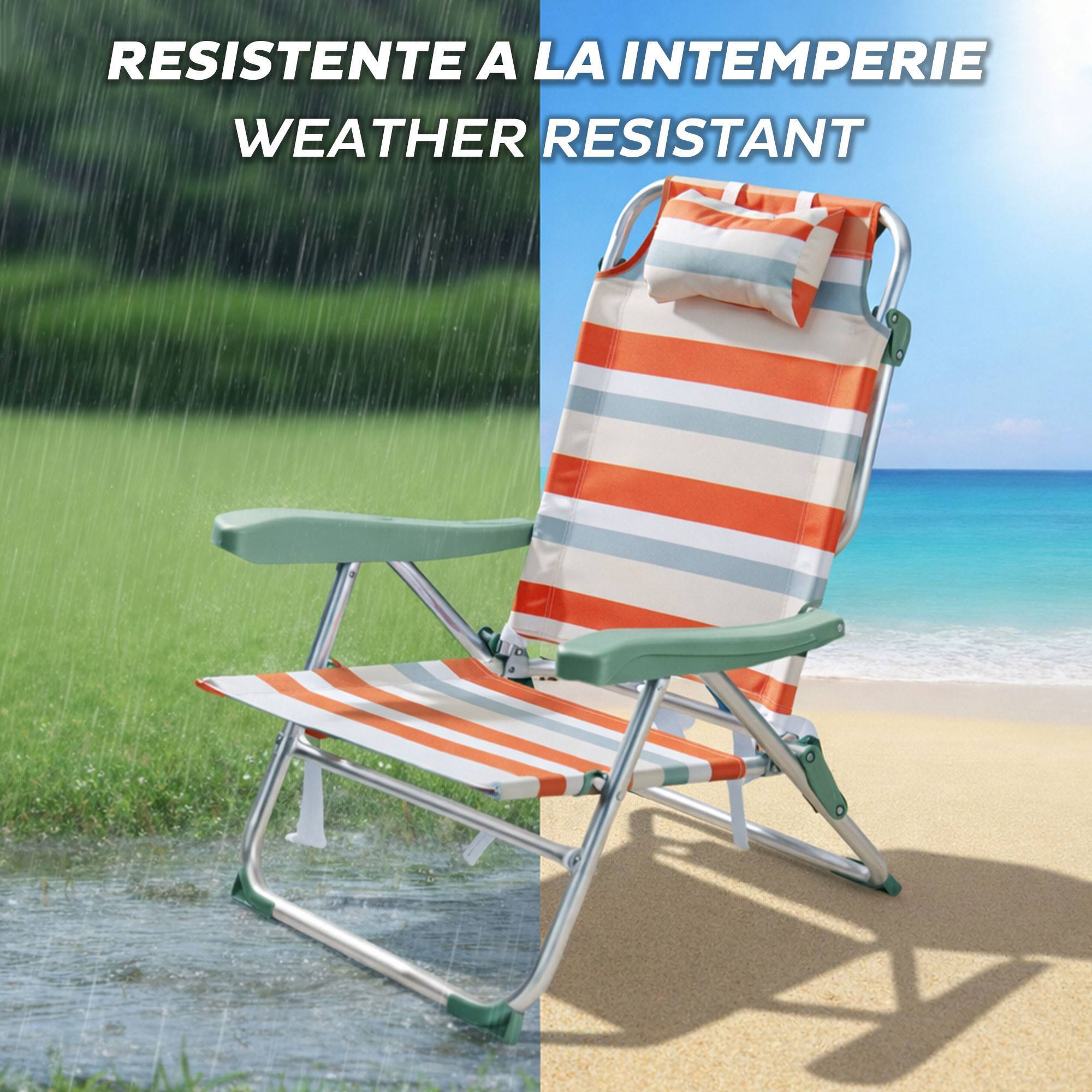Silla plegable reclinable con almohada 64x63x32/82cm aluminio anodizado, rayas rojas, tejido 600x300d hasta 110kg