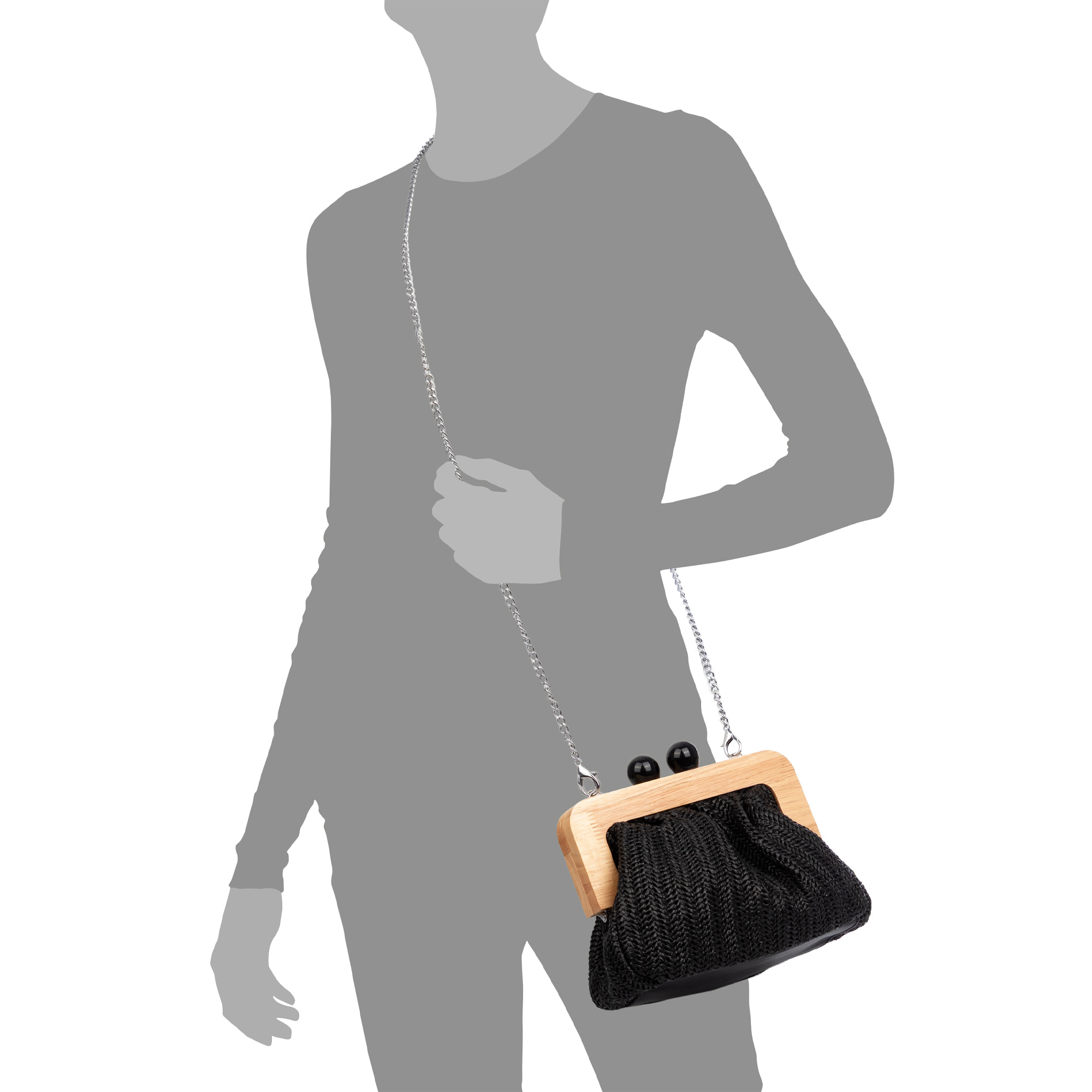 BeneLario Bolso bandolera Mujer. Tela con detalles de madera natural y piel sintética.