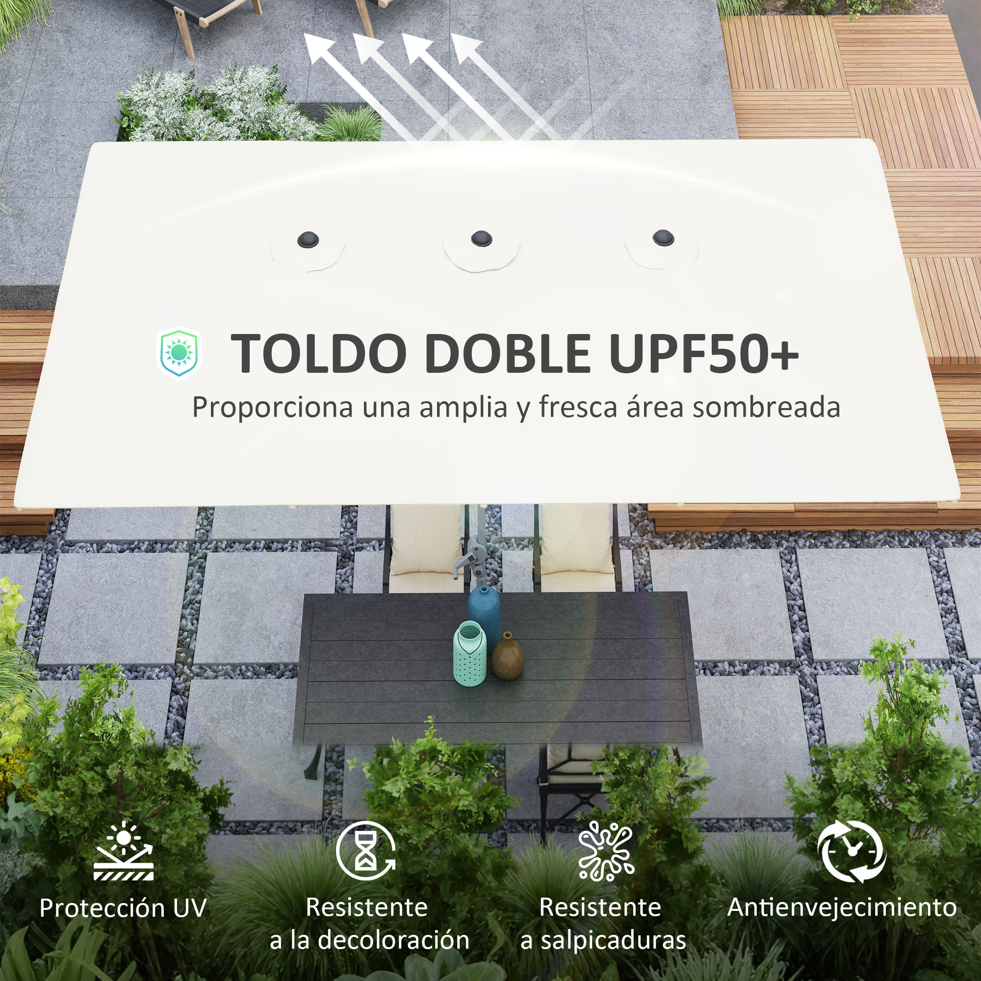 Sombrilla Doble 4,5x2,6 m Sombrilla Terraza Exterior con Manivela Poste de Aluminio Impermeable y Protección UV50+ Parasol Grande para Terraza Playa Piscina Crema