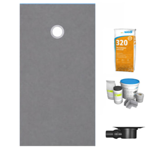 Receveur de douche à carreler 200 x 100 WEDI Fundo Primo écoulement excentré + bonde horizontale + kit d'étanchéité + colle 320