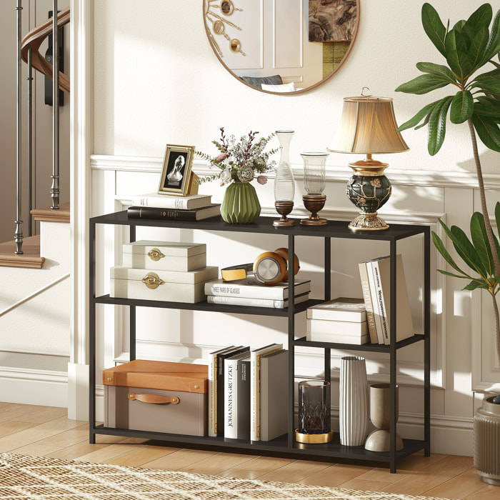 Console meuble d'entrée style industriel 4 étagères dim. 110 x 30 x 75 cm acier panneaux noir