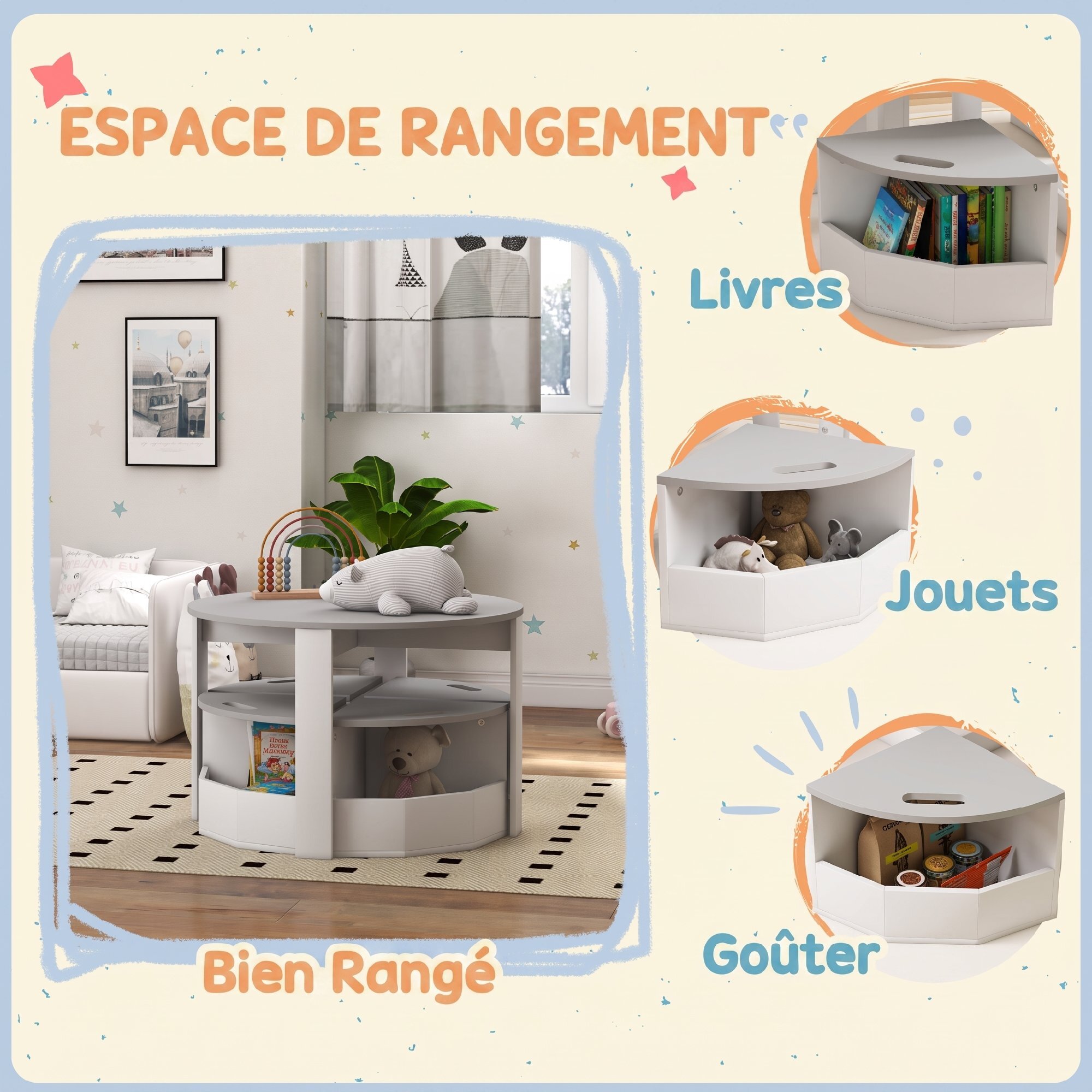 Ensemble table ronde chaises enfant encastrables 4 pers. rangements