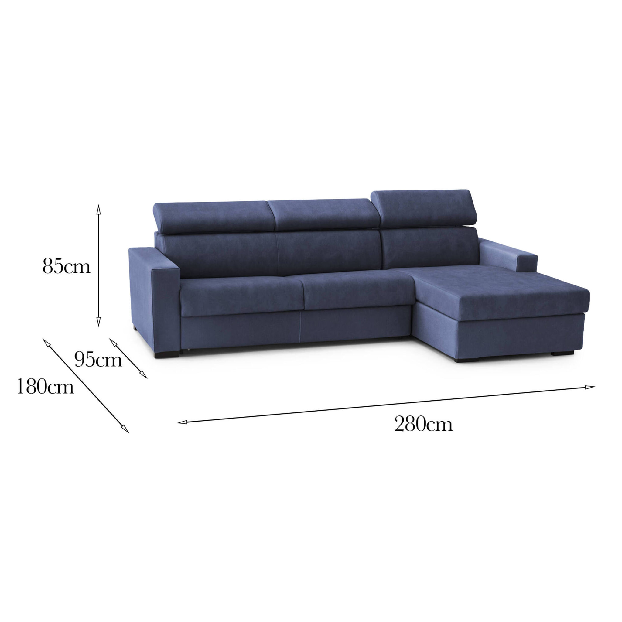 Divano fisso Marica, Divano ad angolo, 100% Made in Italy, Sofà Soggiorno con chaise longue, in tessuto imbottito - Penisola contenitore Destra, con Braccioli standard, Cm 280x95h85, Blu