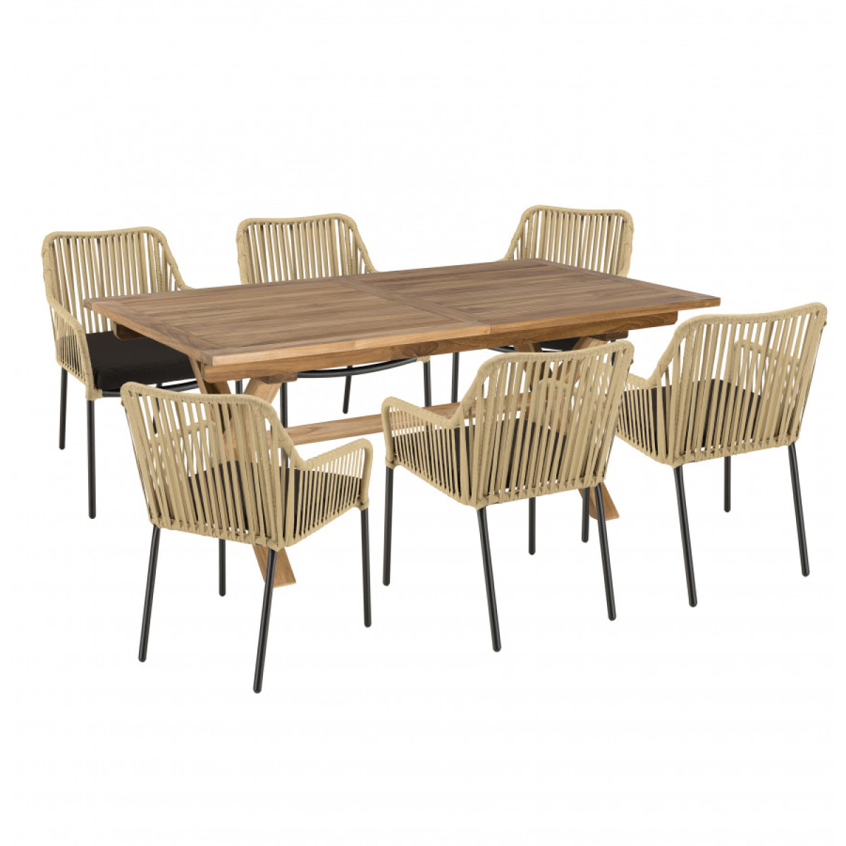 MALO - SALON DE JARDIN 6 PERS. - 1 table rectangulaire 180x100cm et 6 fauteuils en cordage beige et noir