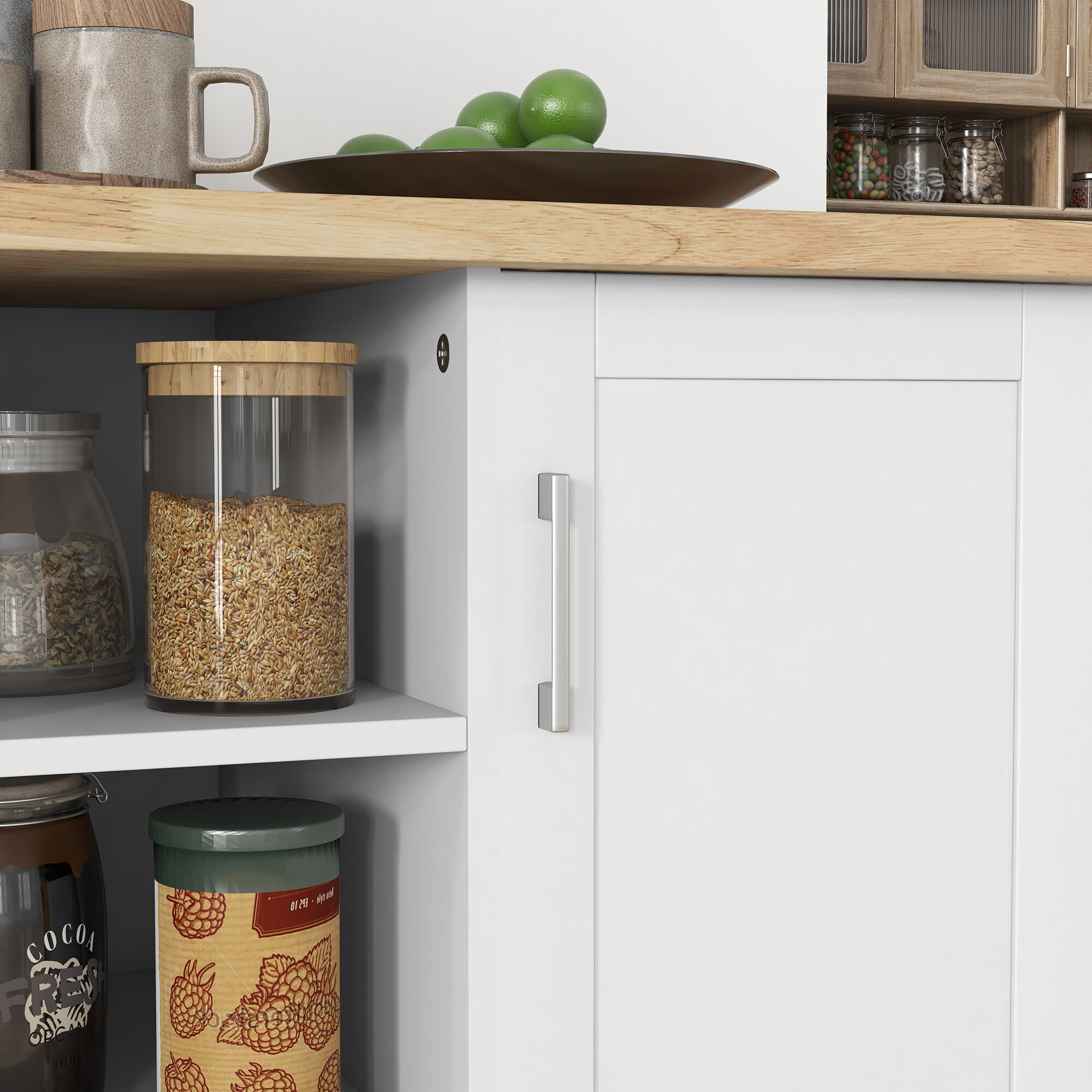 Desserte de cuisine îlot multi-rangement MDF blanc plateau bois hévéa verni