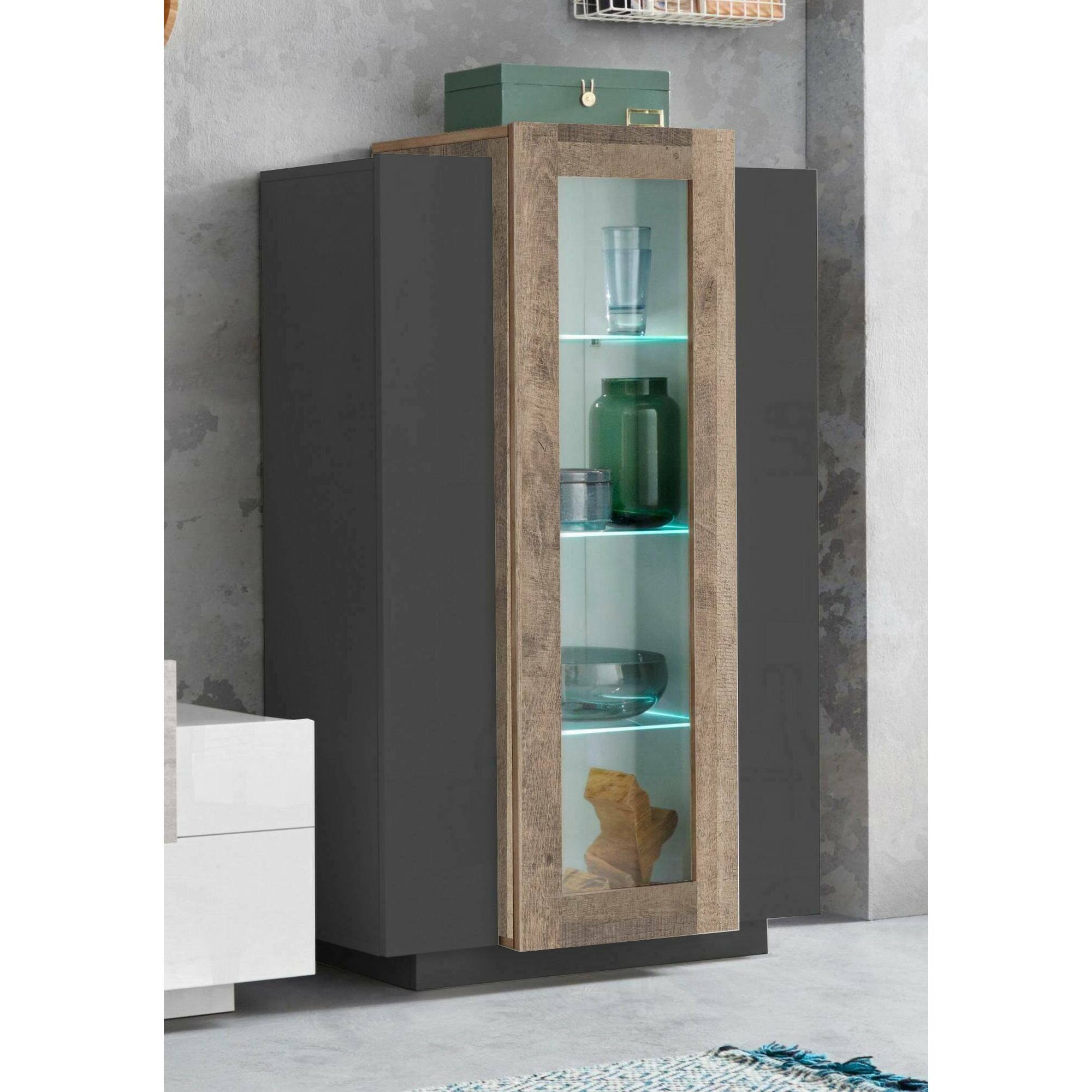 Vetrina Kevin, Credenza con tre ante, Mobile da soggiorno multiuso, 100% Made in Italy, cm 80x38h121, Antracite e Acero