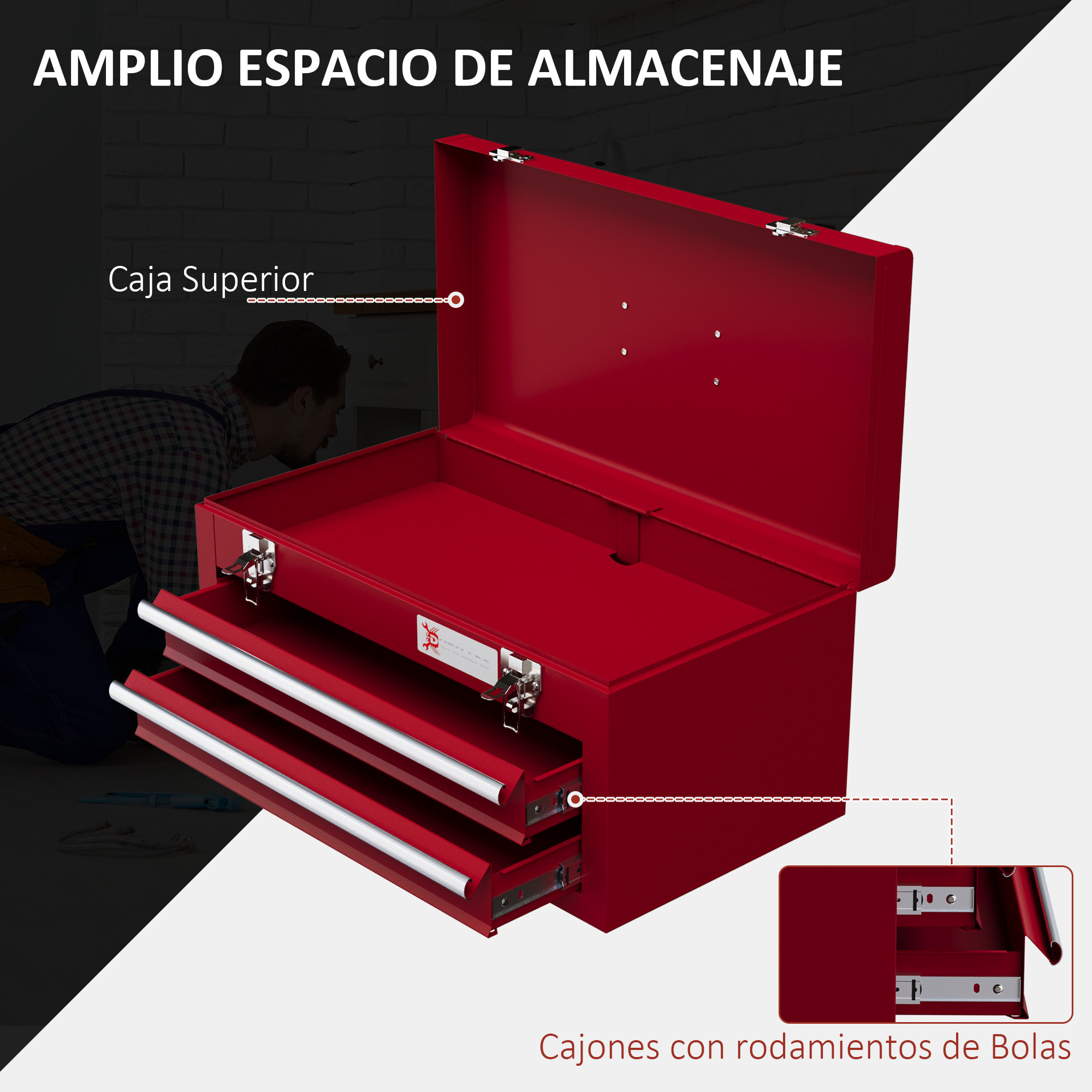 Caja de Herramientas de Acero con 2 Cajones Tapa Abatible Bandeja Superior Cierres Metálicos y Asa Maletín de Herramientas Portátil para Taller Bricolaje Hogar 46x24x22 cm Rojo