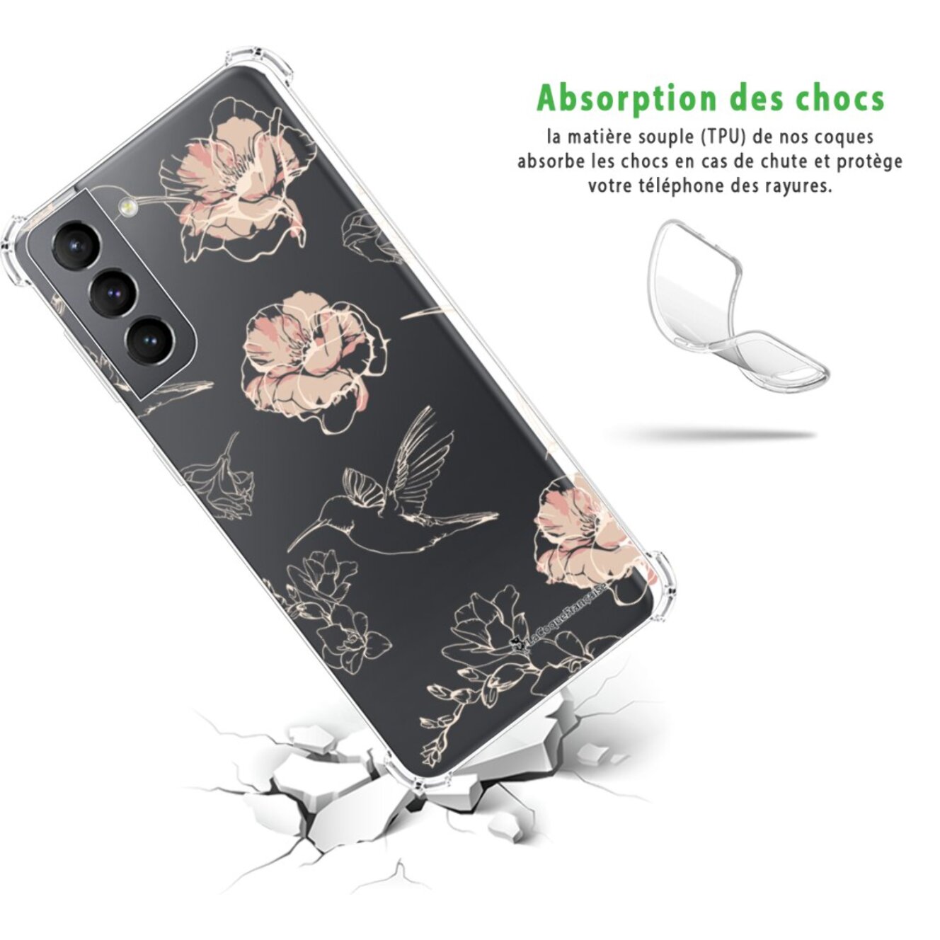 Coque Samsung Galaxy S21 5G Silicone antichocs Solides coins renforcés Protection Housse transparente Fleurs Blanches La Coque Francaise