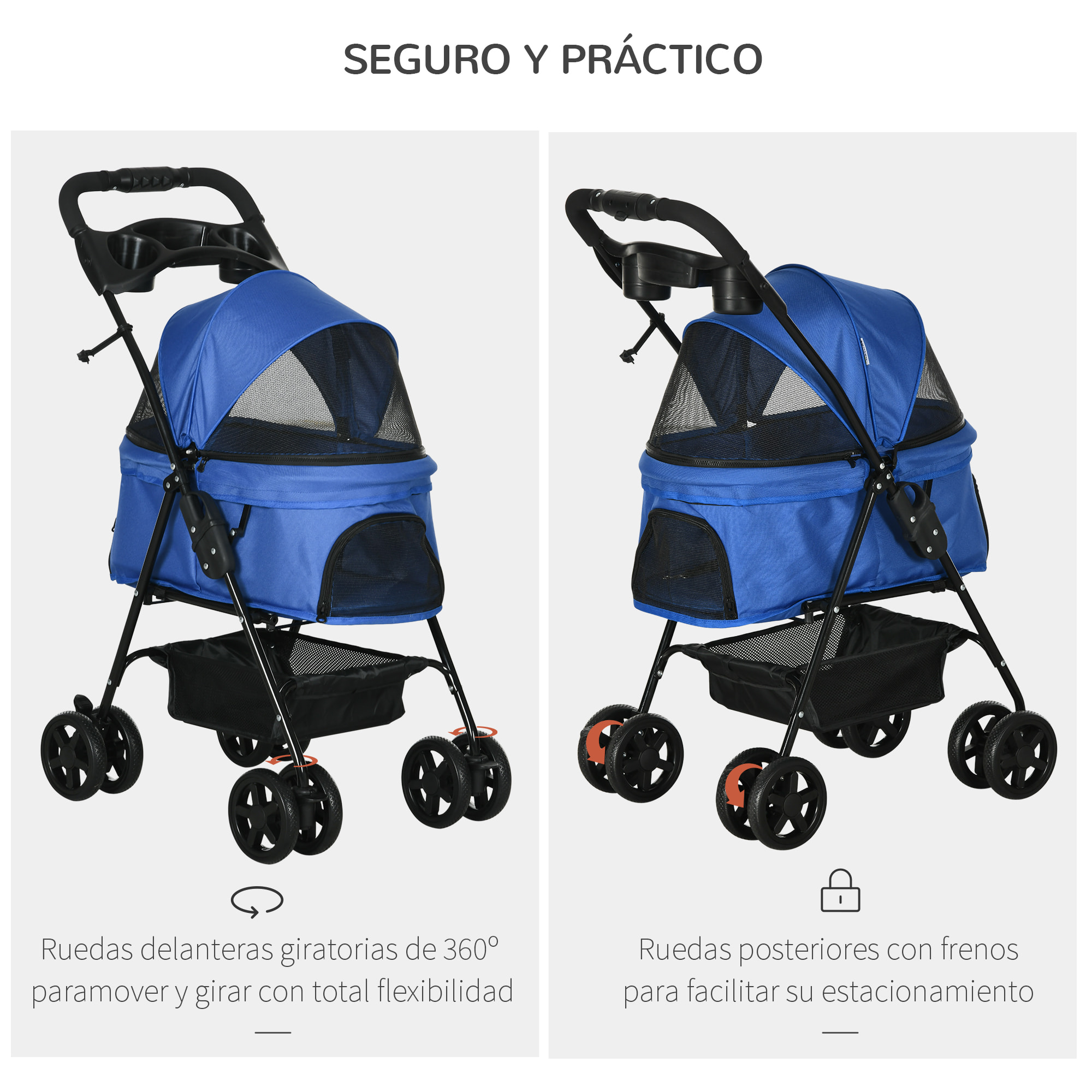 Cochecito para Mascotas Plegable Carrito para Perros Desmontable Acero Tela Oxford Ruedas Giratorias Frenos Ventana para Perros Gatos Pequeñitos 67x45x96 cm Azul