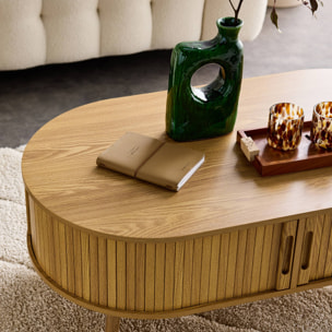 Table basse 2 portes coulissantes avec 3 compartiments effet bois rainuré. L 110 x P 59 x H 39cm