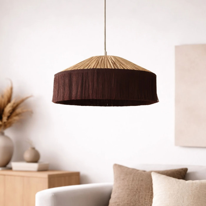 Abat-jour suspension en papier façon raphia et franges - Marron chocolat