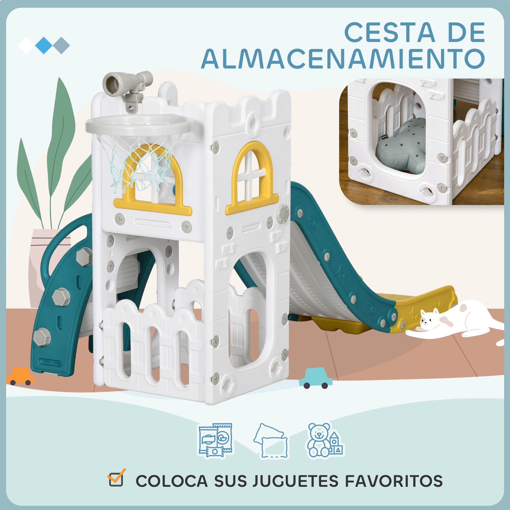 Tobogán Infantil 5 en 1, Tobogán para Niños de 1-3 Años con Aro de Baloncesto, Telescopio, Escalador y Cesta Inferior, para Interior y Exterior, Amarillo y Verde