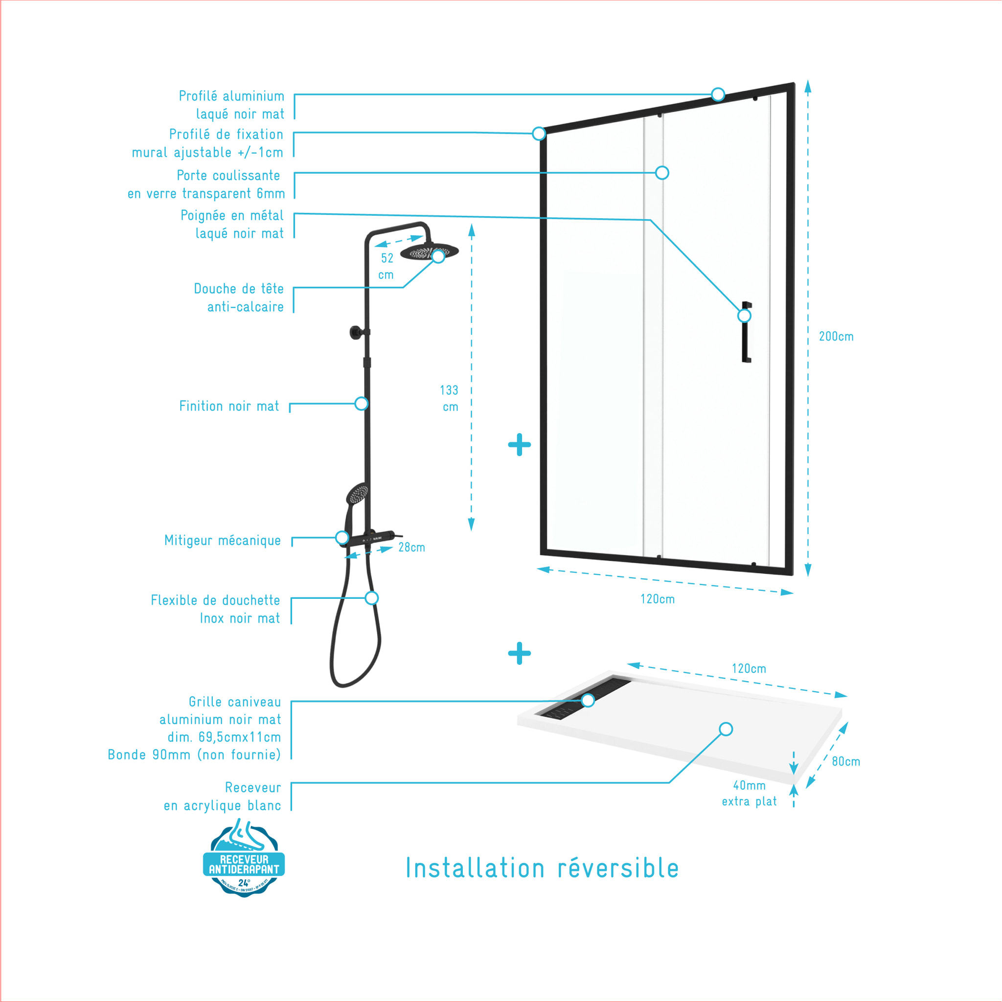 Porte de Douche Coulissante 120x200 cm Profil Noir et Receveur Blanc + Colonne de Douche Mécanique