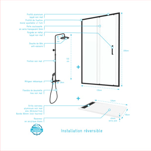Porte de Douche Coulissante 120x200 cm Profil Noir et Receveur Blanc + Colonne de Douche Mécanique