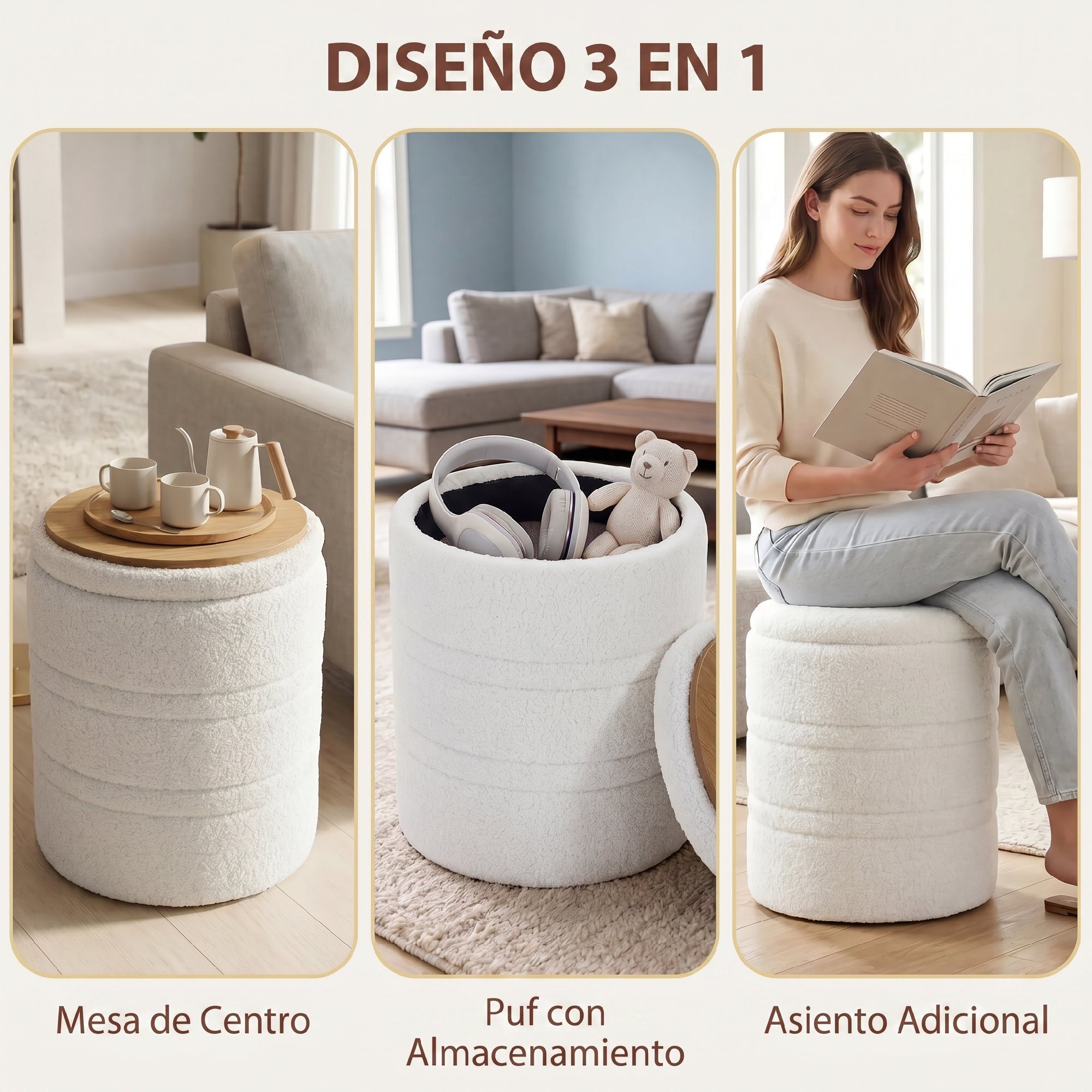 HOMCOM Puff Almacenaje, Banco Almacenaje, 33 L, Ø36,5x46,5 cm, Tapizado en Borreguito, Baúl de Almacenamiento Redondo con Tapa, Carga 120 kg, Taburete para Salón, Dormitorio o Recibidor, Blanco