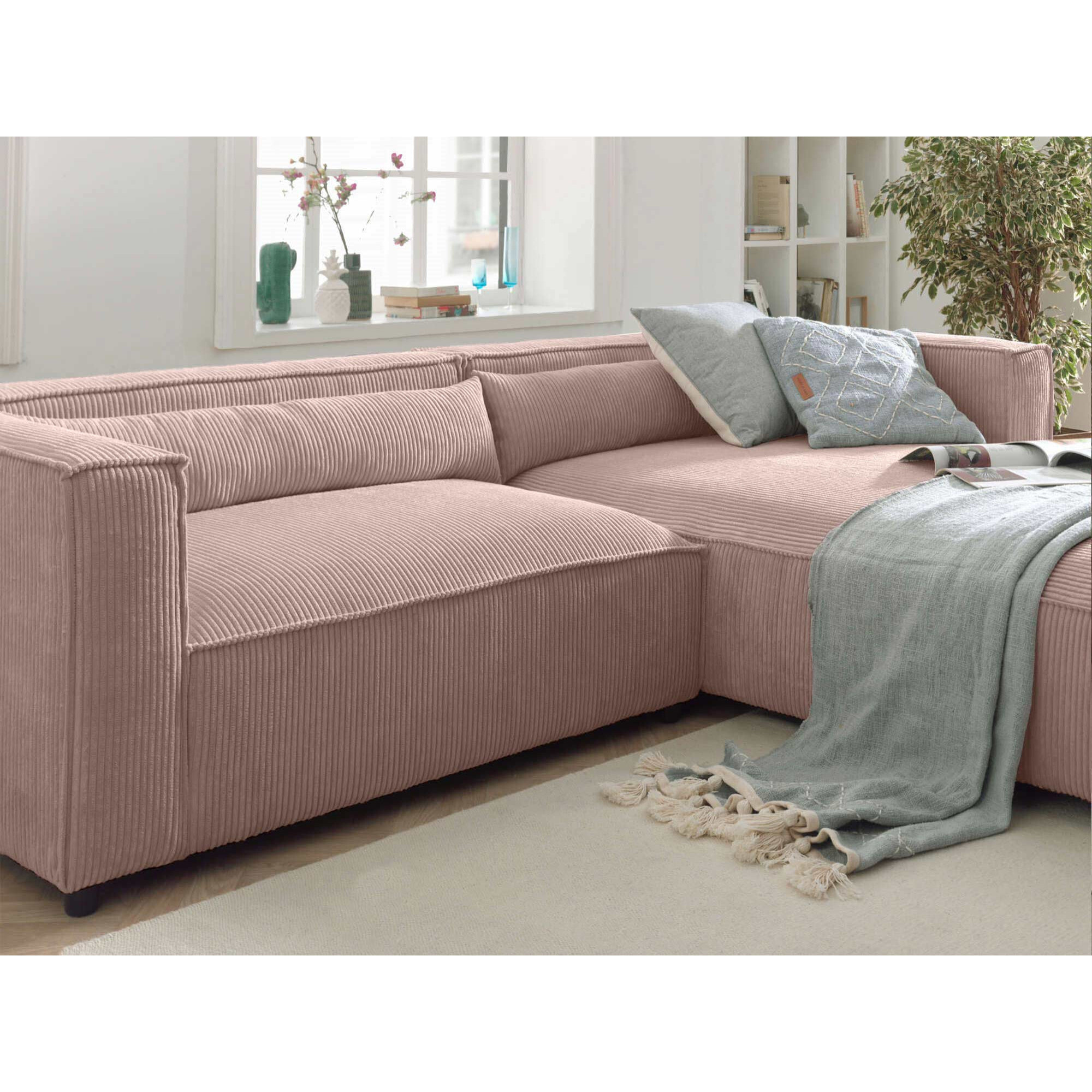 Ela - canapé d'angle droit 4 places - en velours côtelé - style contemporain - Rose