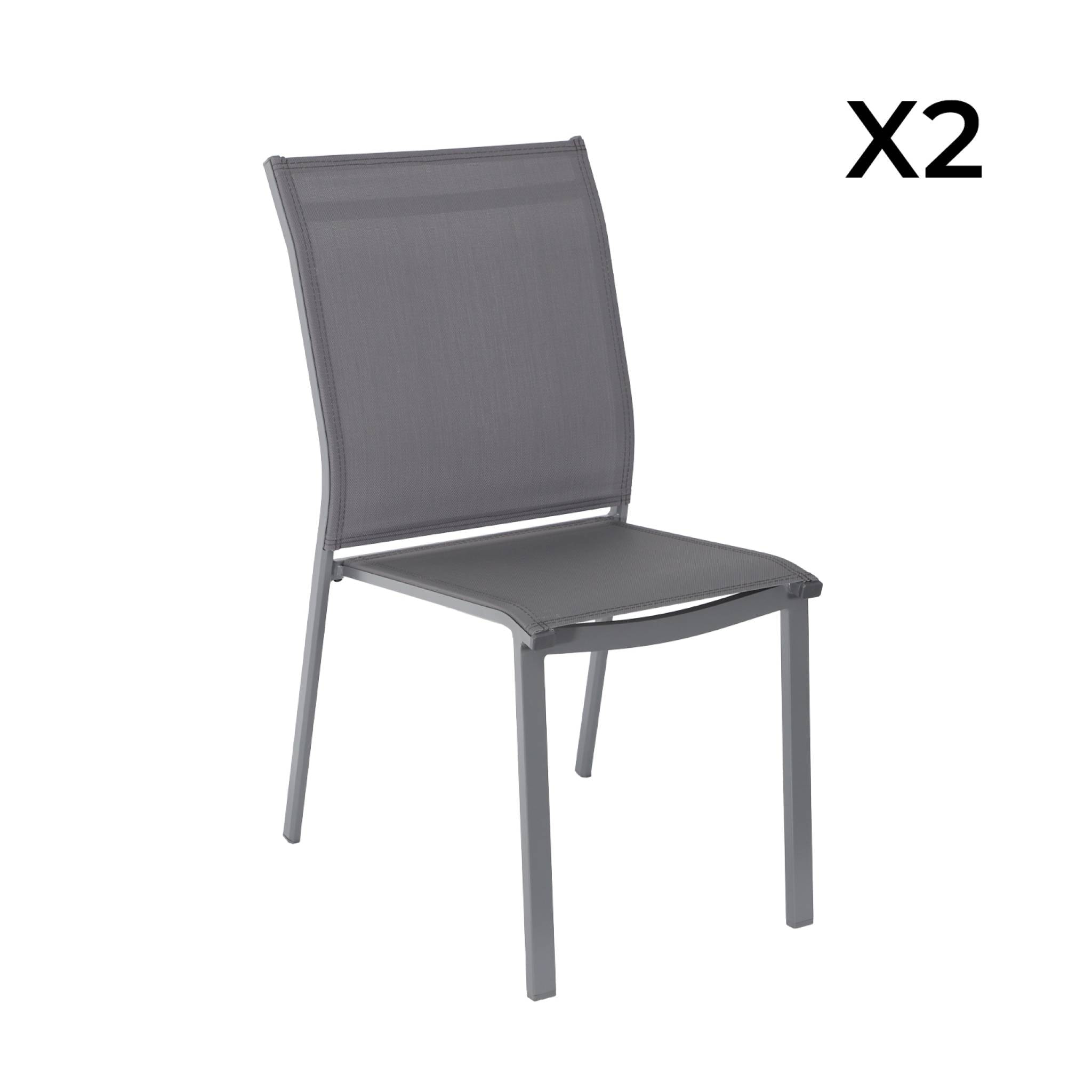 Lot de 2 chaises de jardin CLEVELAND empilables aluminium et textilene anthracite. 64.5 x 45.5 x 89.5 cm