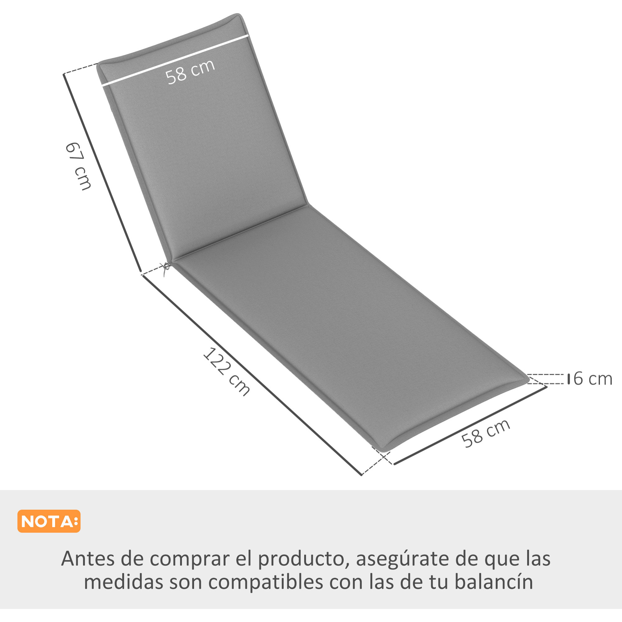 Pack 2 Cojines para Tumbonas Plegables Colchonetas para Tumbonas de Jardín Exterior 193x58x6 cm con Correas de Sujeción Protección UV Resistente a Salpicaduras Gris