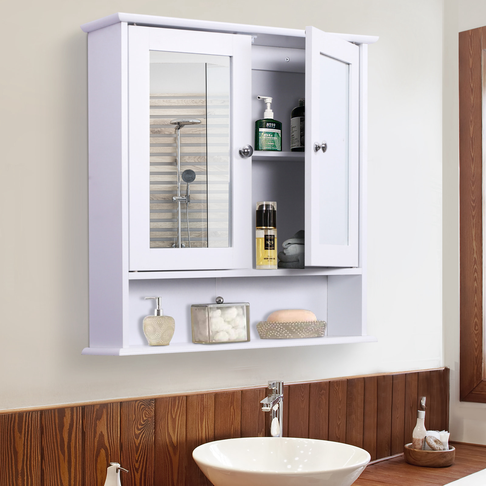 Armoire murale étagère salle de bain 56L x 13l x 58H cm double porte miroir étagère réglable MDF blanc