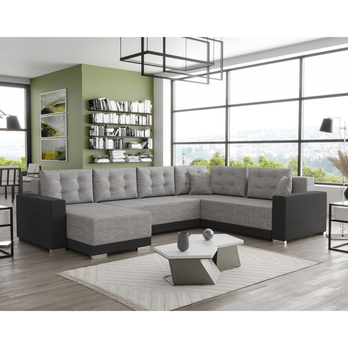 Roger - Canapé panoramique d'angle réversible 7 places convertible avec coffre en tissu - Gris / Noir