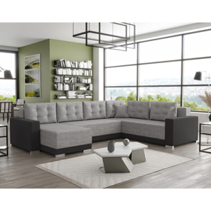 Roger - Canapé panoramique d'angle réversible 7 places convertible avec coffre en tissu - Gris / Noir