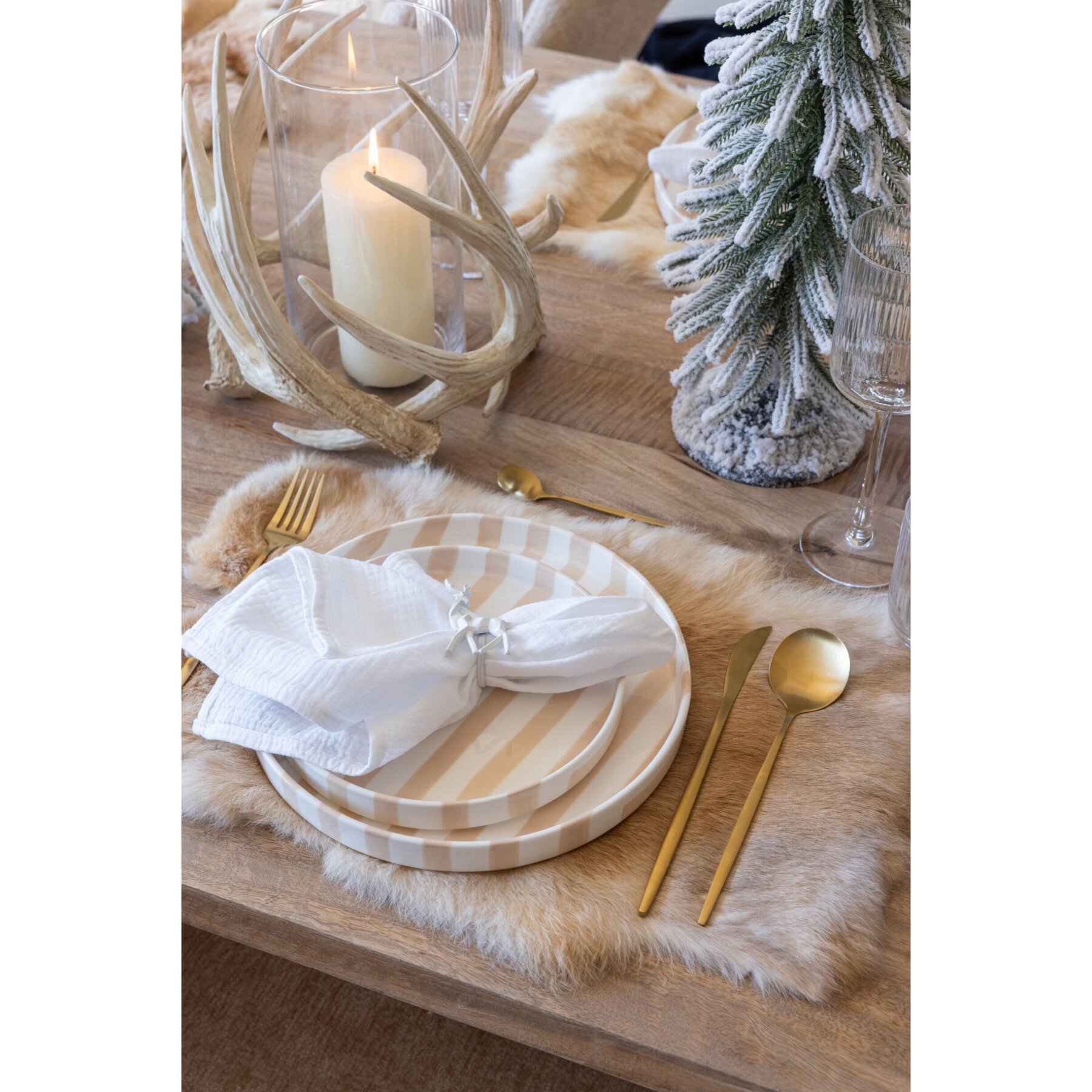 J-Line assiette lignée - grès - beige clair/blanc - small - set de 6