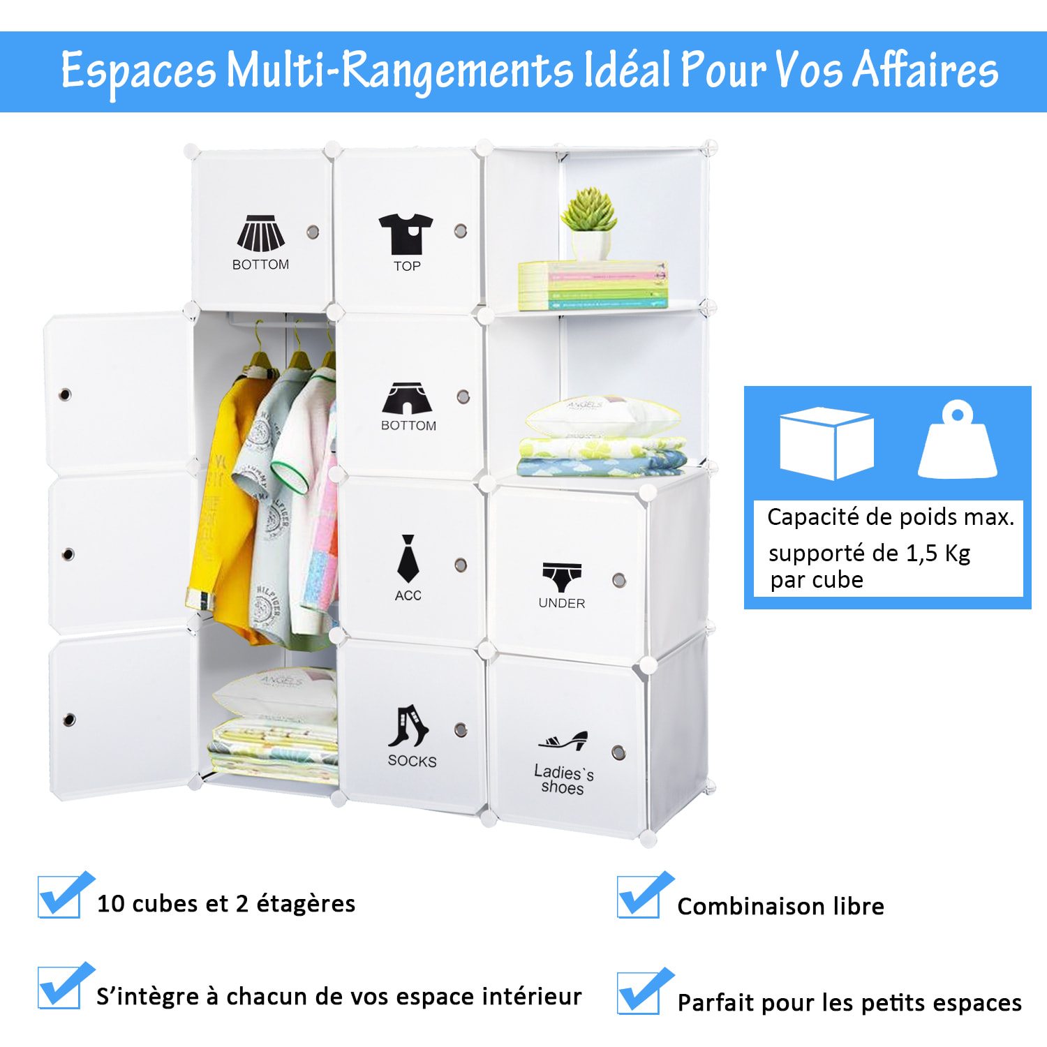 Armoire penderie cube multi-rangements 10 cubes + 2 étagères + autocollants décoratifs 111L x 47l x 145H cm blanc