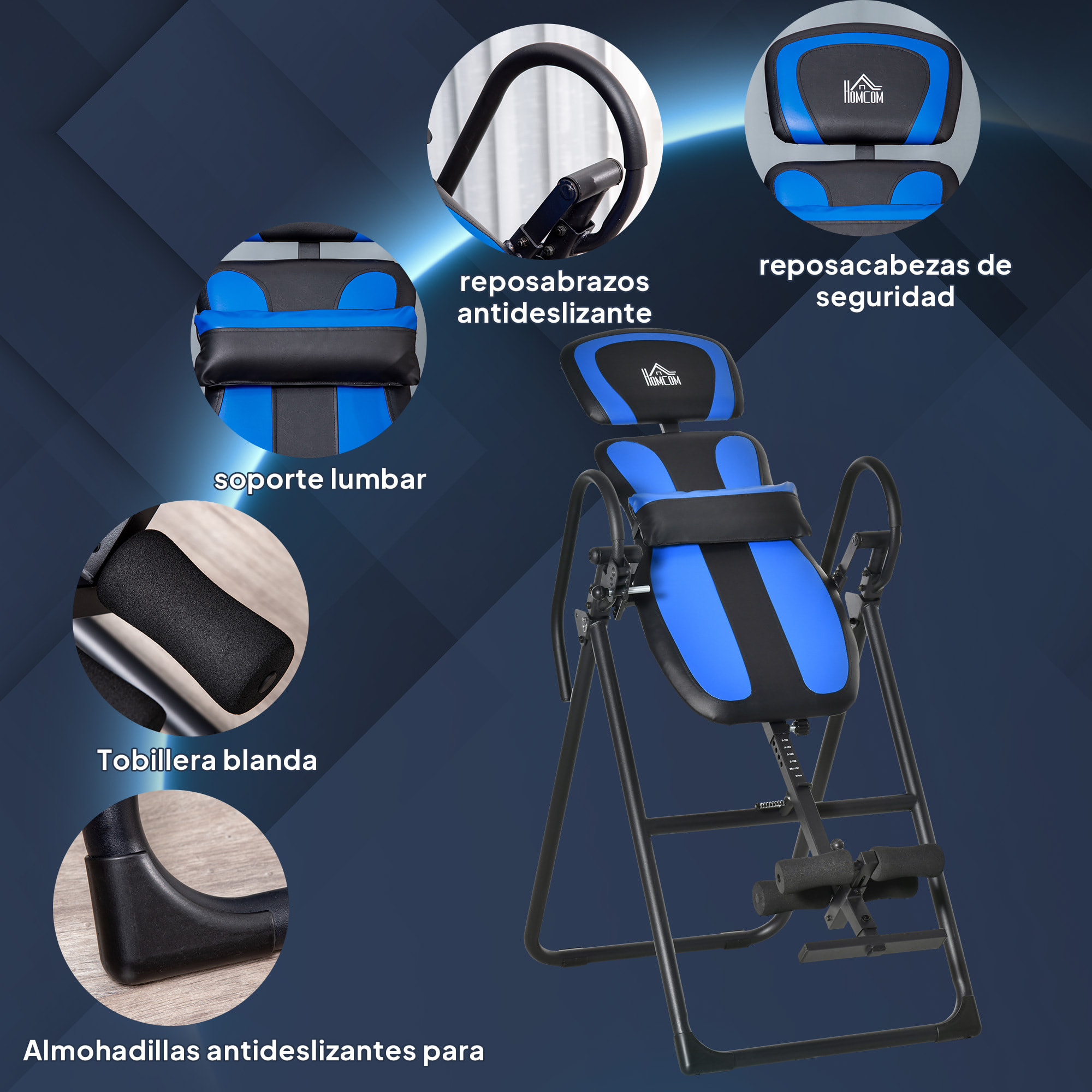 HOMCOM Tabla de Inversión Plegable con Ruedas, Altura Ajustable 140-203 cm, Banco de Inversión con Cinturón de Seguridad y Soporte de Lumbar, para Aliviar Espalda y Mejorar la Circulación