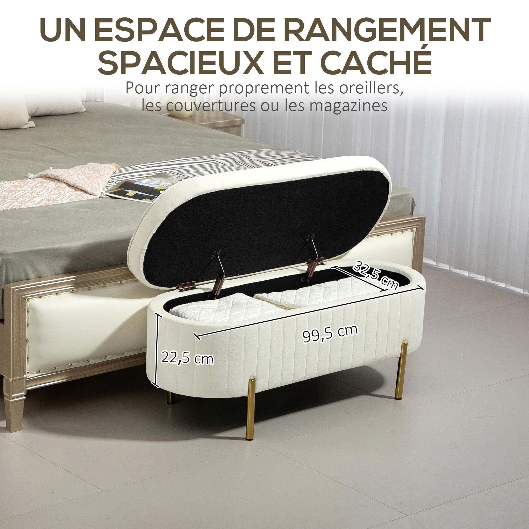 Banquette coffre 2 en 1 design ovale dim. 108x44x43cm velours crème