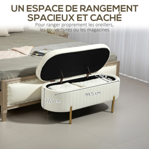 Banquette coffre 2 en 1 design ovale dim. 108x44x43cm velours crème