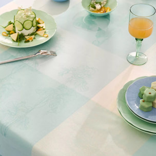 Nappe pur coton enduit 220 g/m² motif jacquard bleu beige Mille iris d'eau aqua